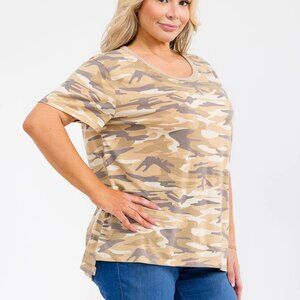 B23 PLUS SIZE SHORT SLEEVE CAMO PRINT BASIC TOP SHIRT TAN NEW